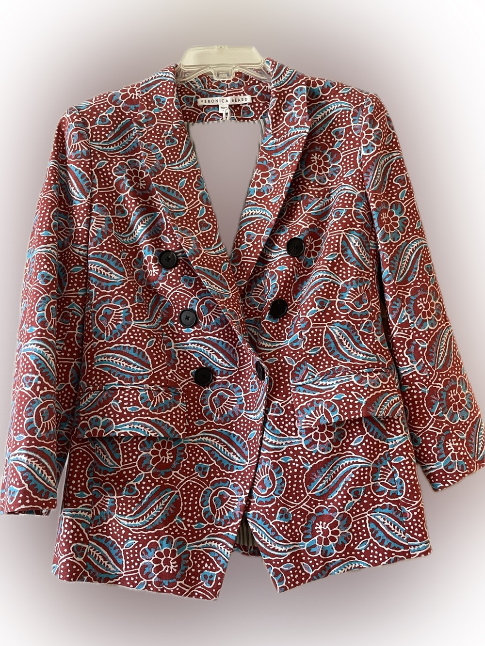 Veronica Beard Red Floral Double-Breasted Dickey Blazer with Blue Accents Size 6